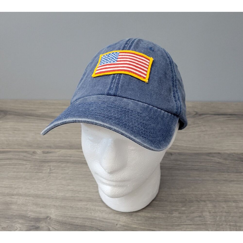 American Eagle Mens Washed Denim Strapback Cap Blue American Flag Patch